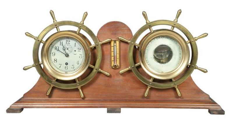Brass Ships Wheel Clock/Barometer Desk Set