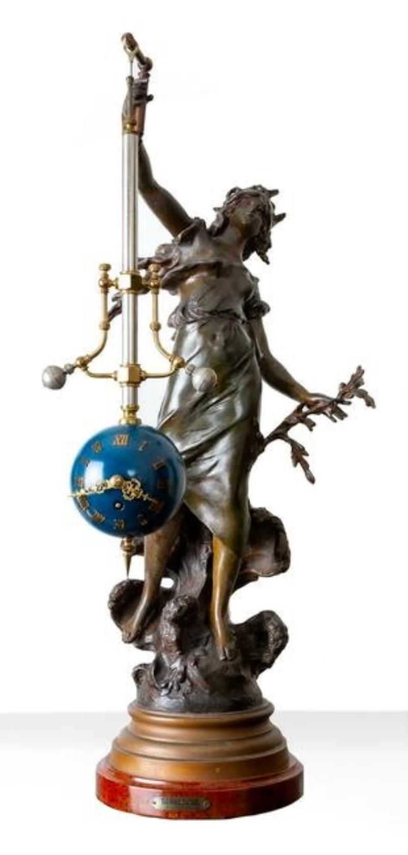 Rare Torsion Pendulum Mystery Clock, sculpture by Auguste Moreau, circa 1890