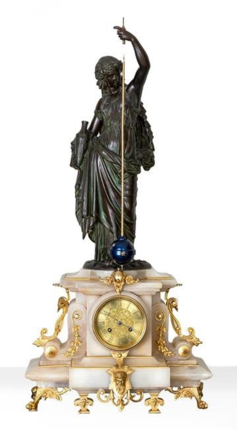 French Conical Pendulum Mystery Clock, Alabaster Base