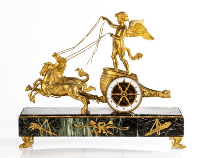 French Empire Ormolu Cupids Chariot Mantel Clock