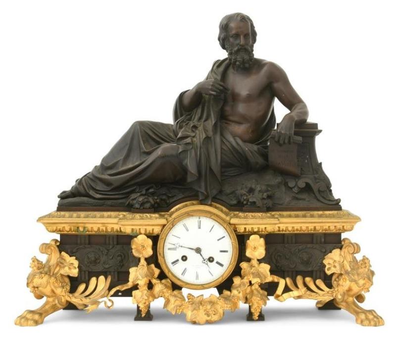Raingo Frères Gilt & Patinated Bronze Mantel Clock with Aristotle, Henri Picard (French,