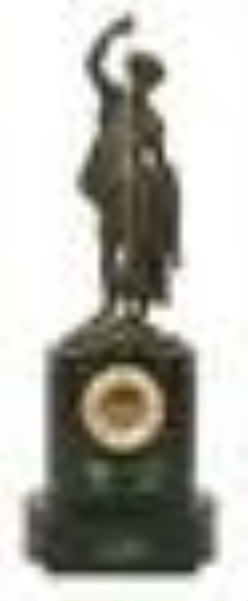 French Patinated Metal, Malachite & Black Marble Conical Pendulum Mystery Clock