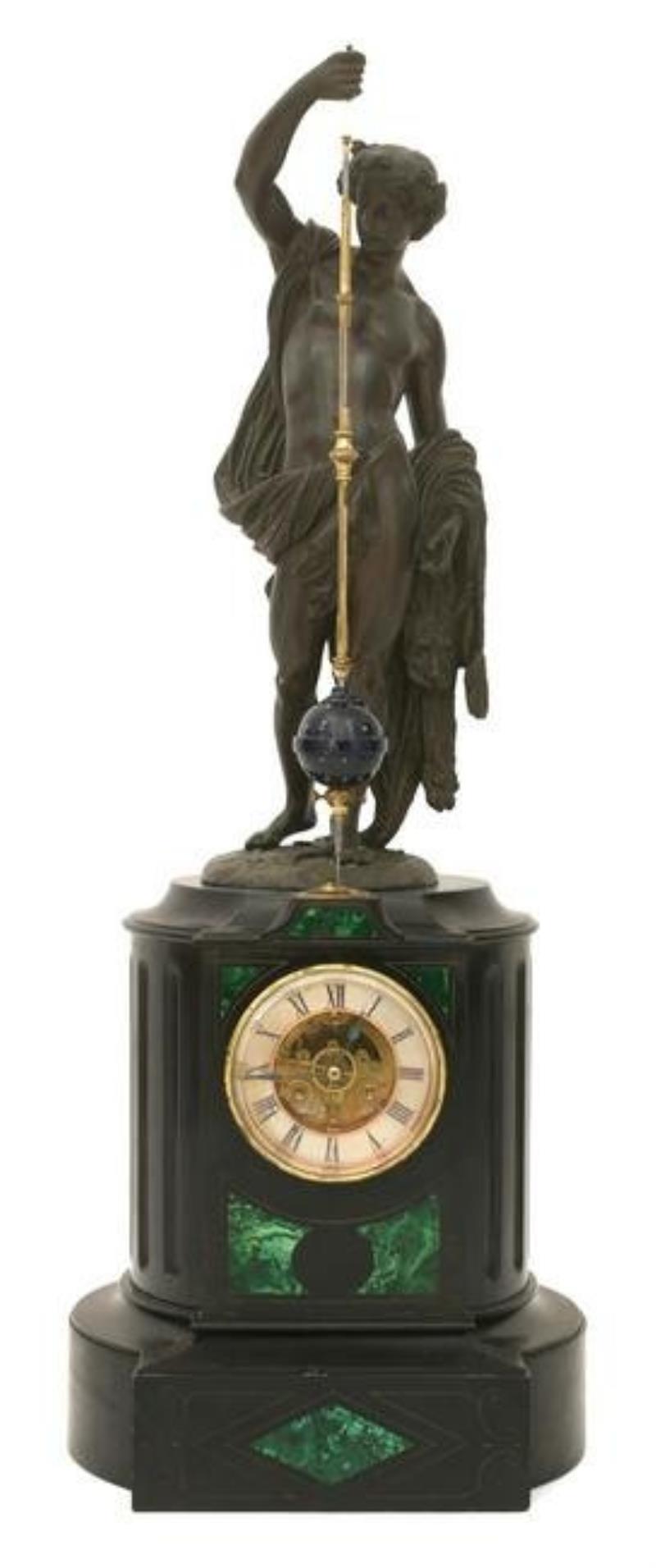 French Patinated Metal, Malachite & Black Marble Conical Pendulum Mystery Clock