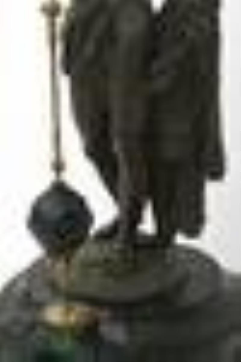 French Patinated Metal, Malachite & Black Marble Conical Pendulum Mystery Clock