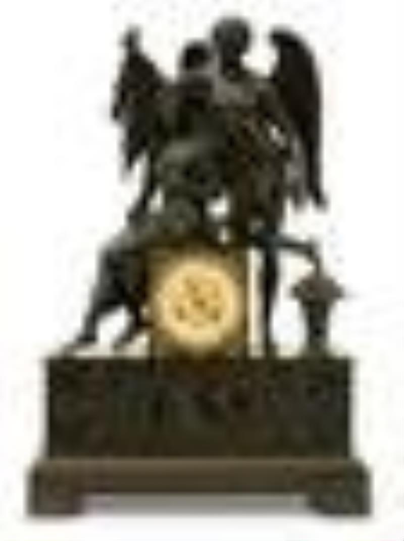 French Empire Style Patinated Bronze Clock with Cupid & Psyche