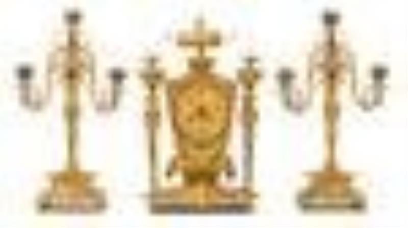 French Gilt Bronze & Enamel Clock Garniture