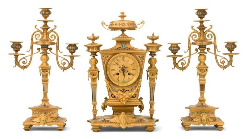 French Gilt Bronze & Enamel Clock Garniture