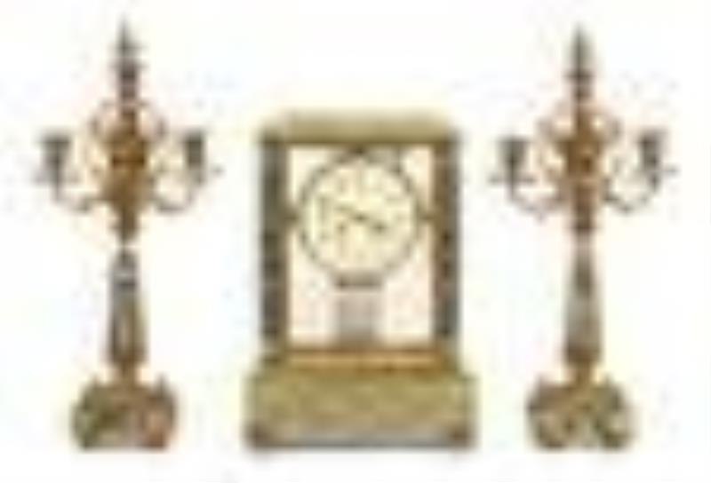 French Gilt Brass, Onyx & Champlevé Clock Garniture