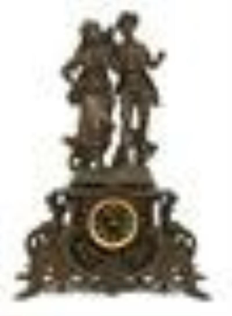 French Patinated Metal & Marble Figural Mantel Clock