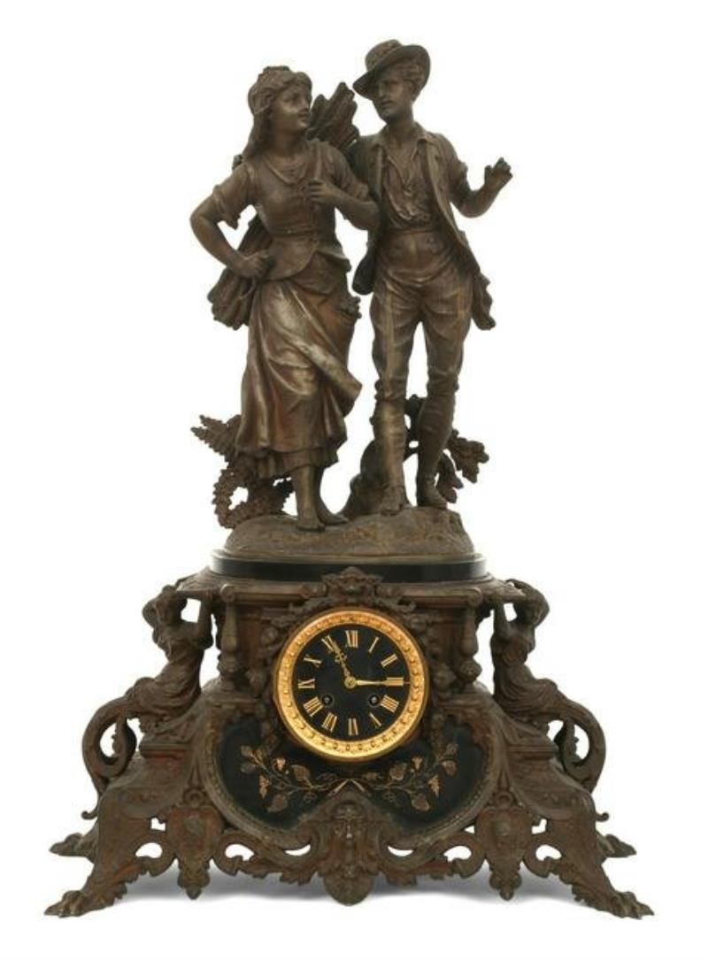 French Patinated Metal & Marble Figural Mantel Clock