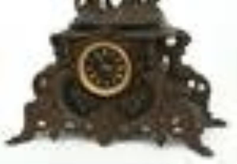 French Patinated Metal & Marble Figural Mantel Clock