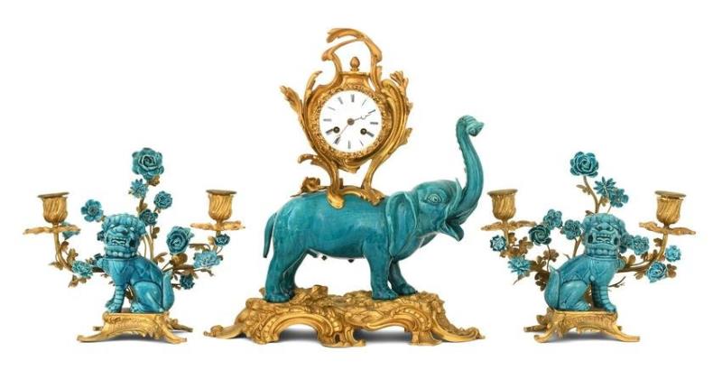French Louis XV-Style Gilt Bronze & Porcelain Figural Clock Garniture