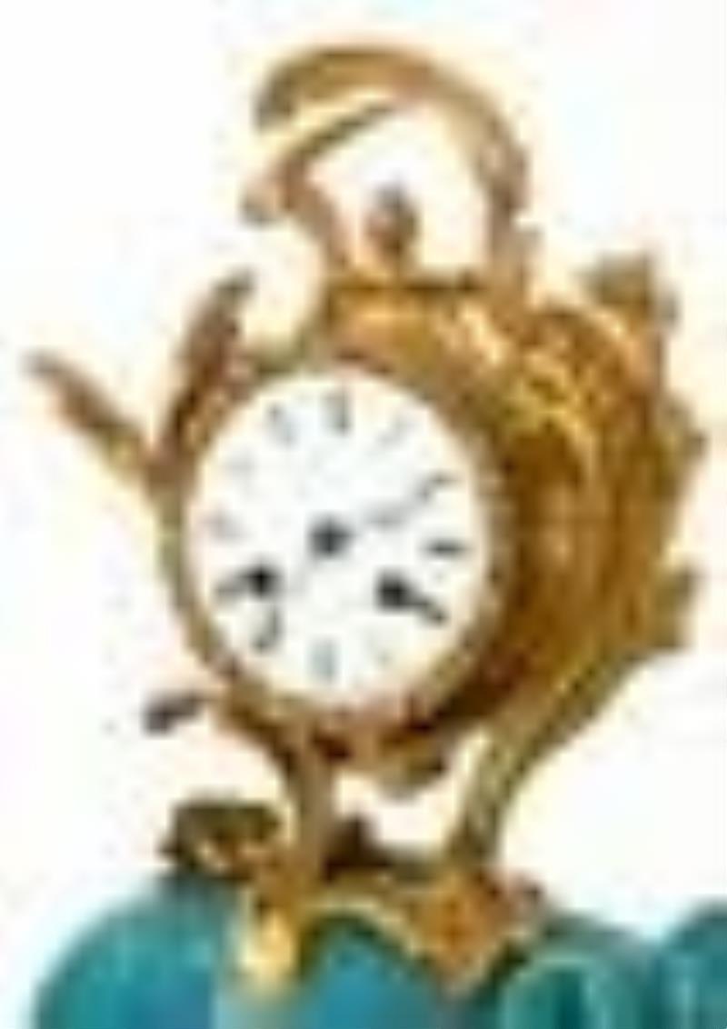 French Louis XV-Style Gilt Bronze & Porcelain Figural Clock Garniture