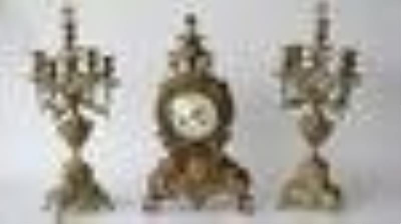 Antique French Brass Rococo Style Clock & Garnitur