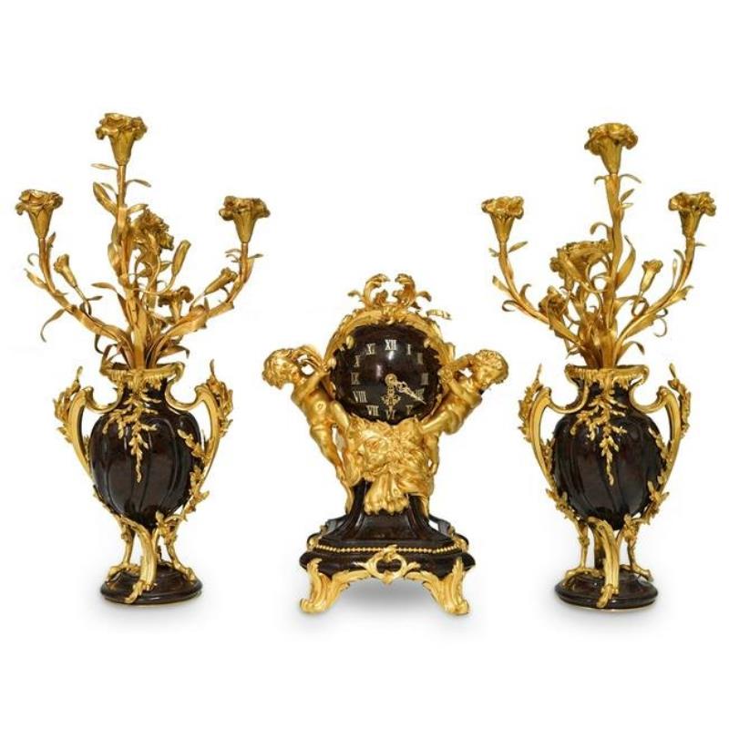 19th Cent. French Gilt Bronze & Marble Clock Set