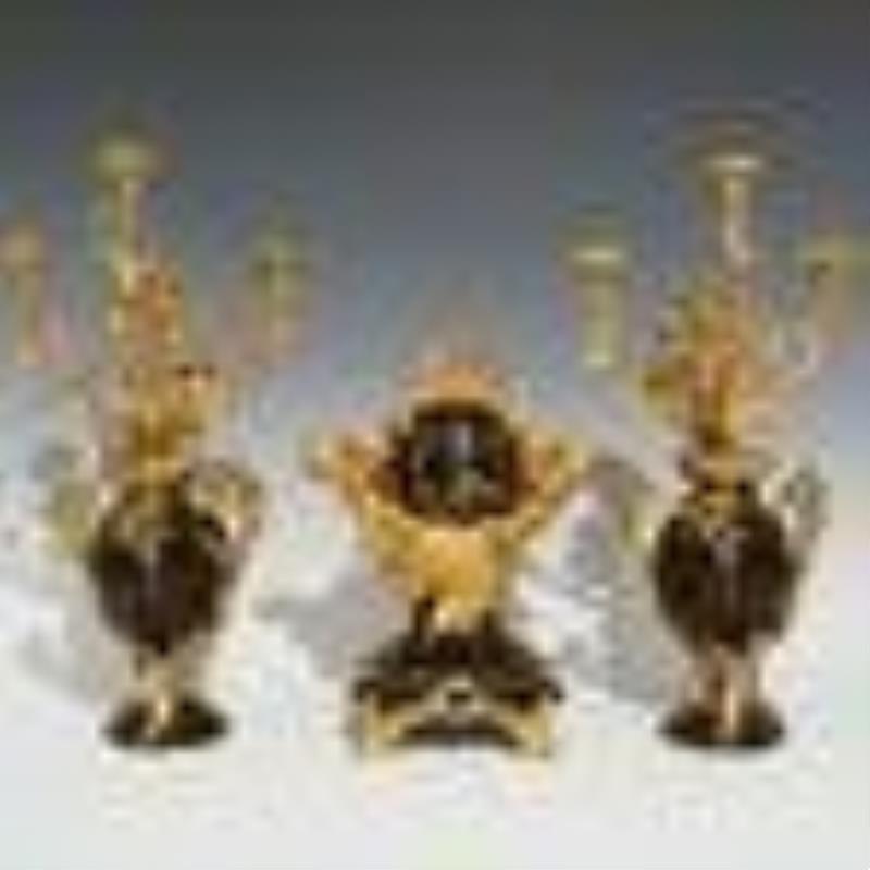 19th Cent. French Gilt Bronze & Marble Clock Set
