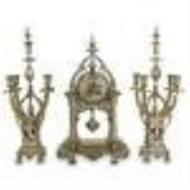 Antique French Silvered Bronze Garniture Clock Set