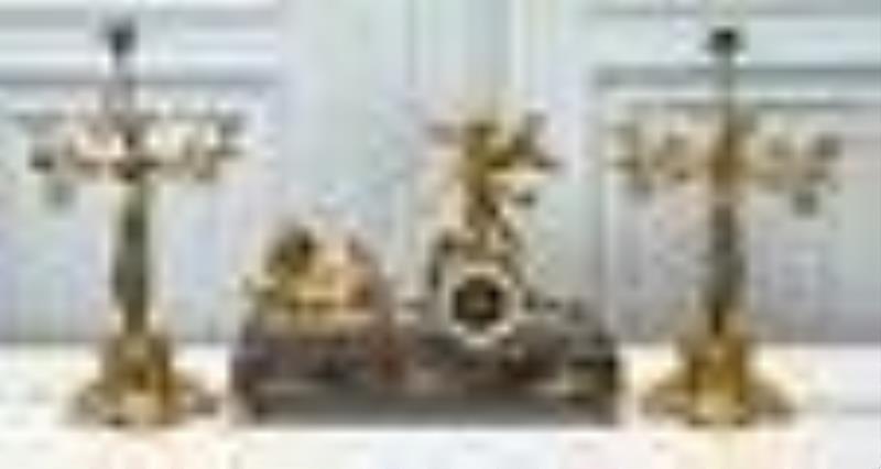 French Gilt Bronze Clock Garniture Set