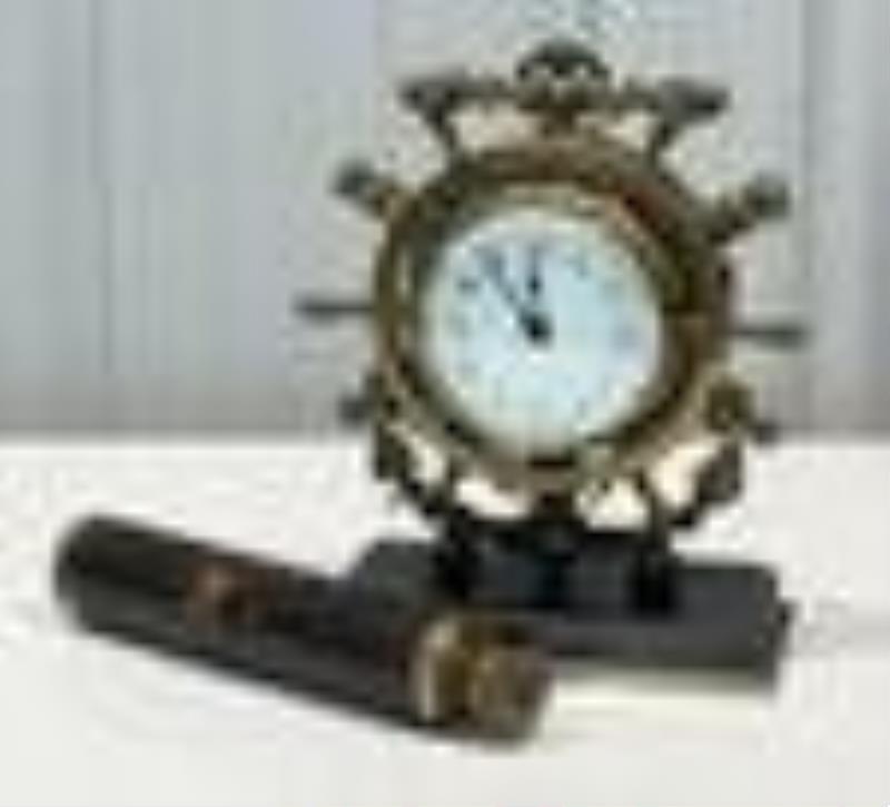 English Brass Ships Wheel Clock And Spyglass