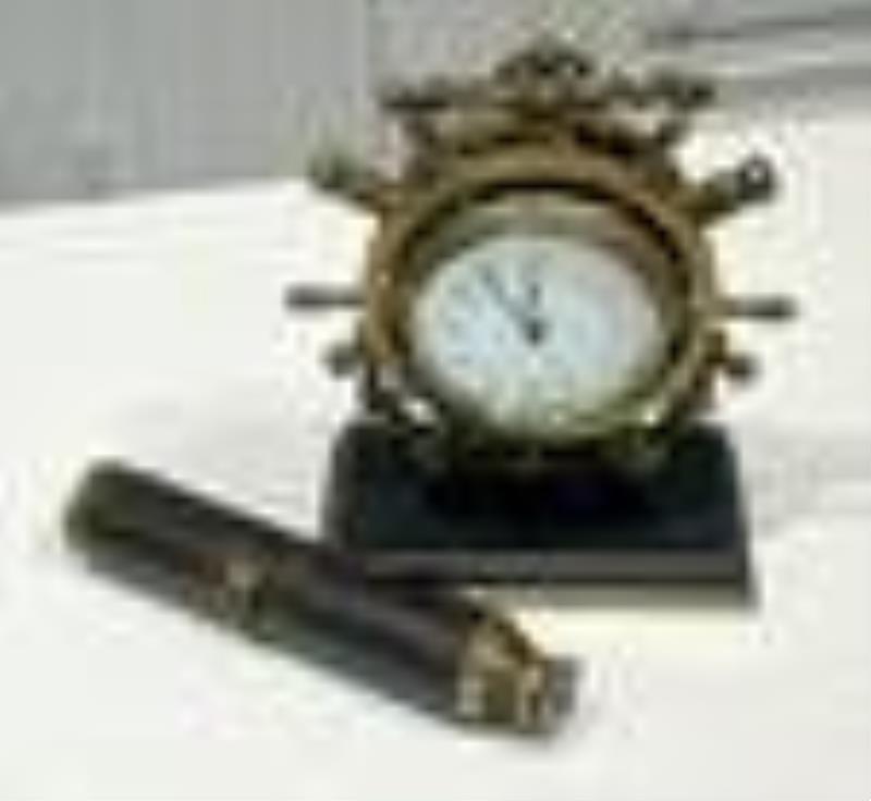 English Brass Ships Wheel Clock And Spyglass