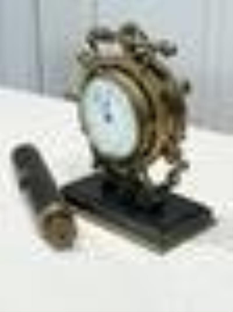 English Brass Ships Wheel Clock And Spyglass