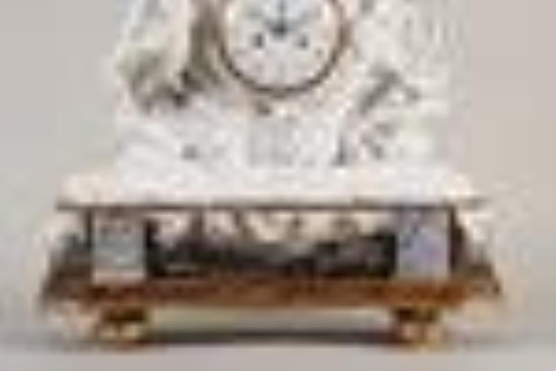 A fine large French mantel clock with biscuit porcelain figural group featuring Leda and the Swan