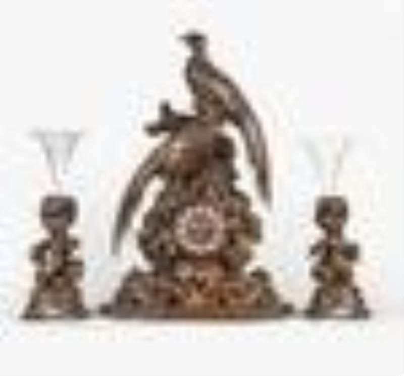 Large Black Forest mantel clock garniture