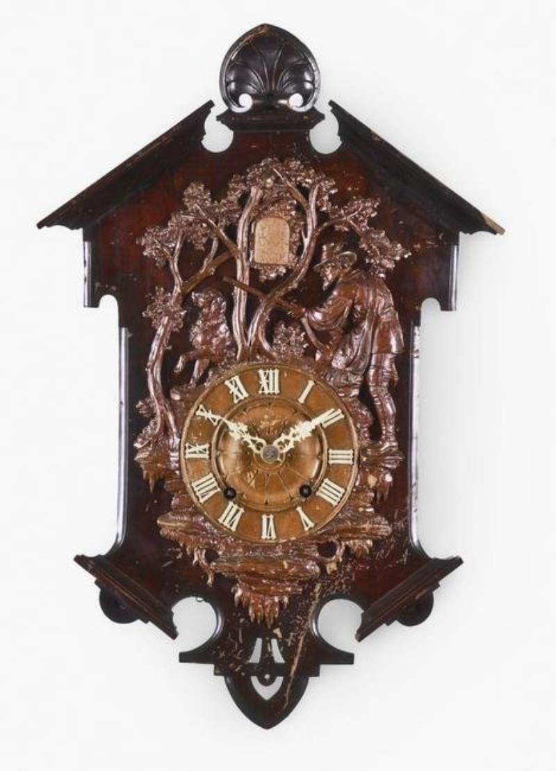 Ketterer Black Forest cuckoo wall clock with applied carved front depicting hunter scene
