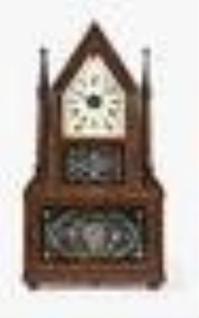 Birge & Fuller steeple on frame with candle finials mantel clock