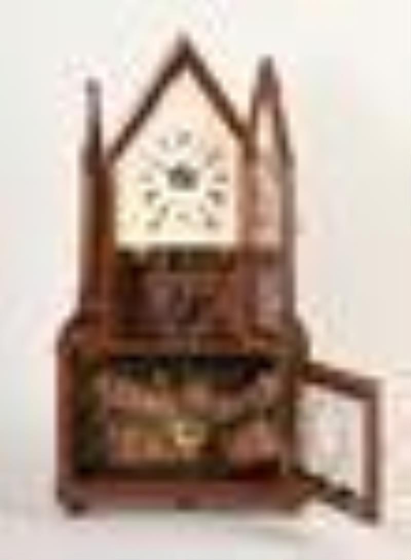 Birge & Fuller steeple on frame with candle finials mantel clock