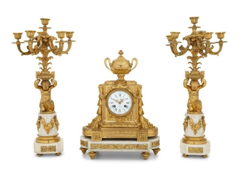 Three-Piece French Belle Epoque Marble Clock Set