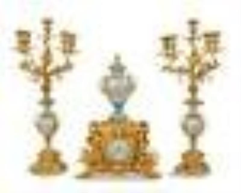 French Bronze and Porcelain Three-Piece Clock Set