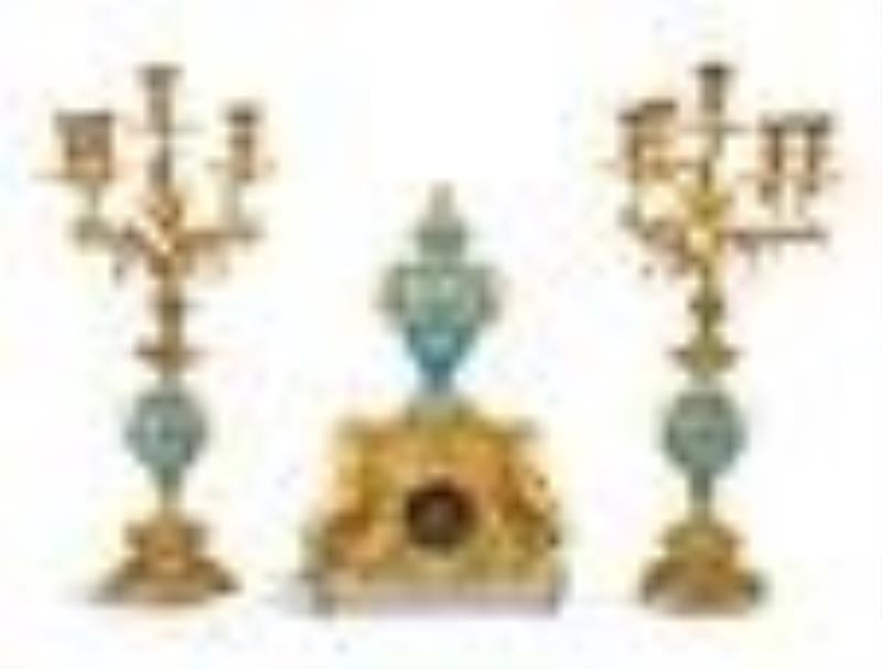 French Bronze and Porcelain Three-Piece Clock Set