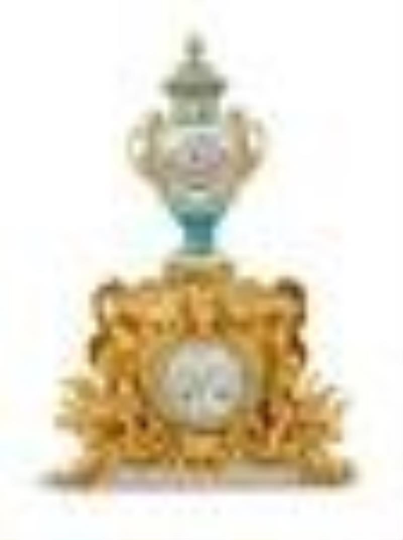 French Bronze and Porcelain Three-Piece Clock Set