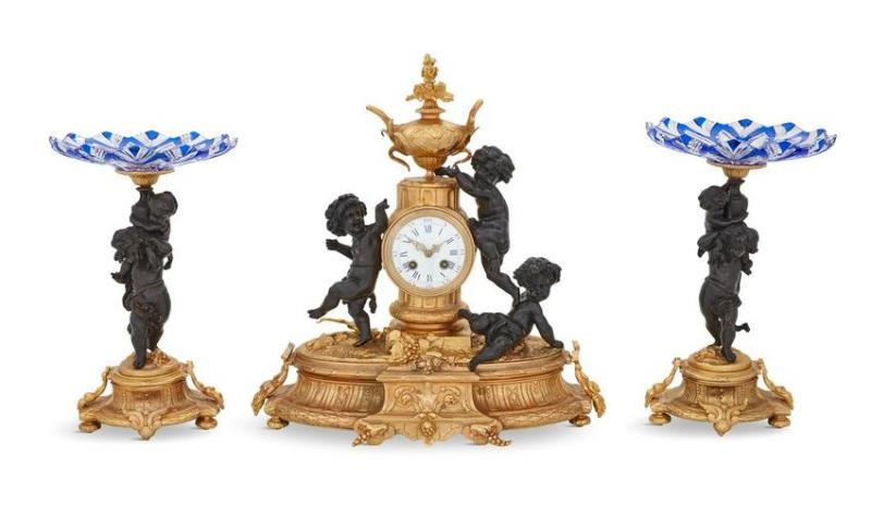 French Bronze and Glass Three-Piece Clock Set