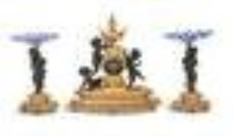 French Bronze and Glass Three-Piece Clock Set