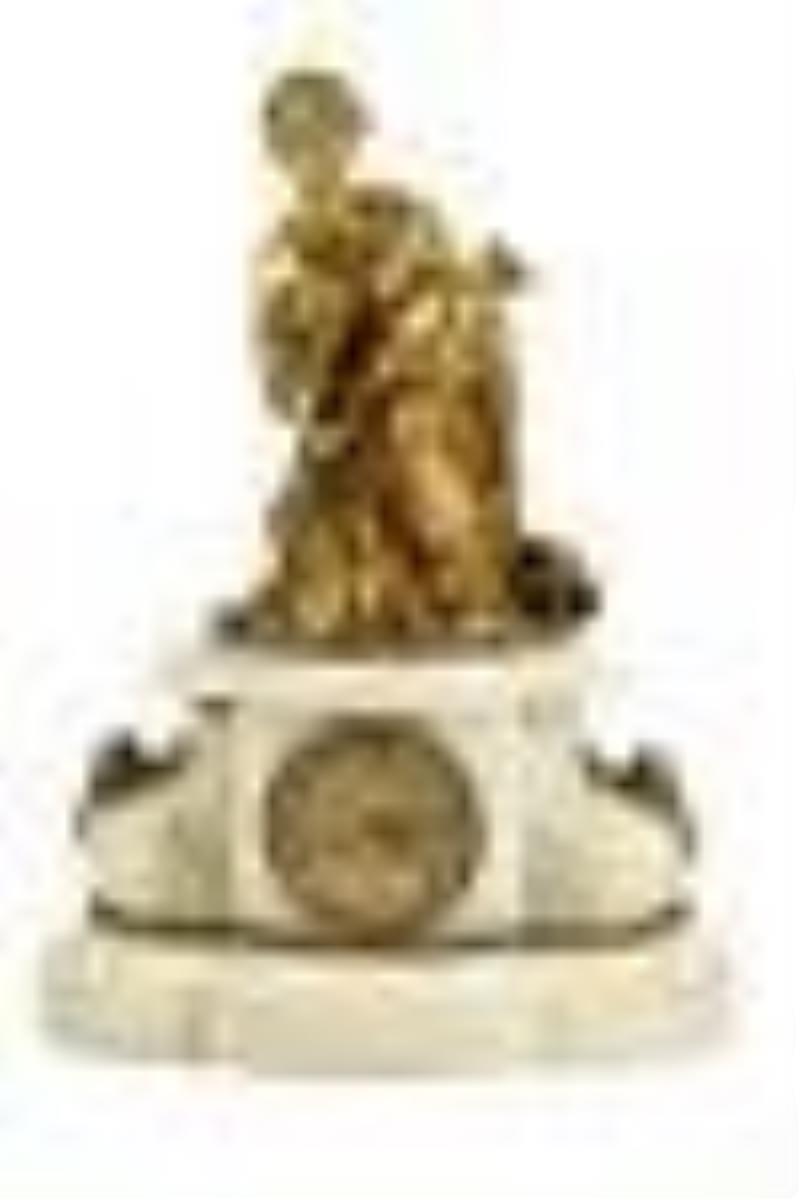 French 19C Antique Dore Bronze Marble Mantel Clock