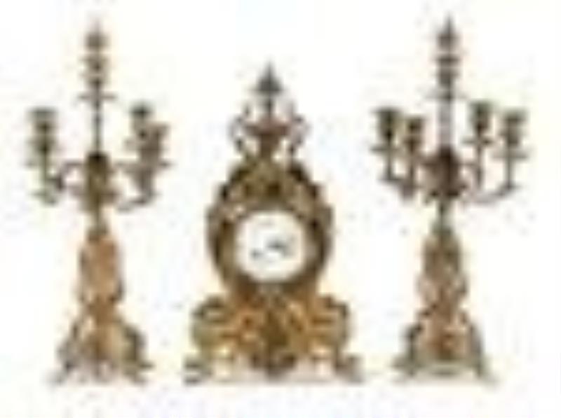 Tiffany & Co. Three Piece Bronze Dore Clock Garniture