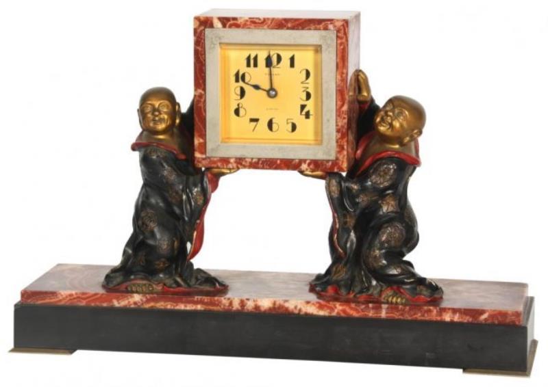 Marble & Bronze Polychrome Deco Clock