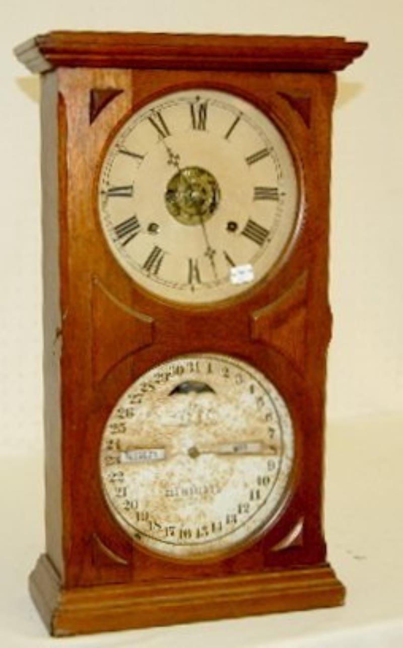 Ithaca Double Dial Walnut Calendar Clock w/Alarm