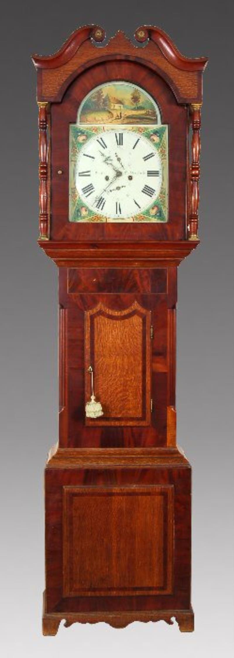 English oak and mahogany Longcase clock, the