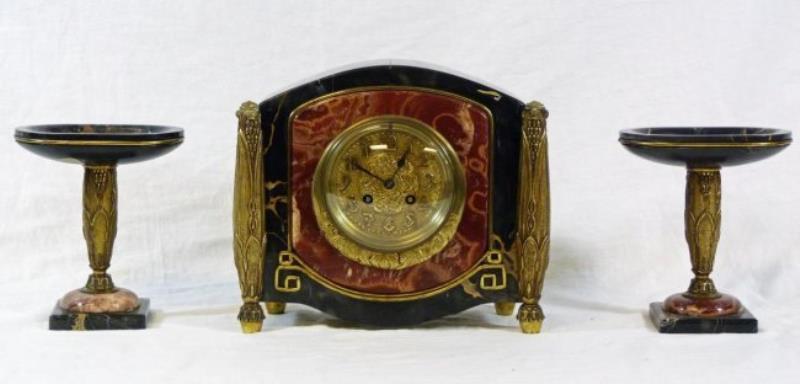 FRENCH ART DECO 3 PIECE MARBLE GARNITURE CLOCK SET