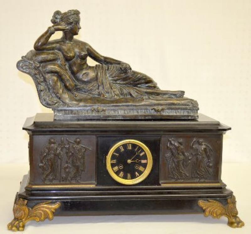 Slate and Bronze French Clock, Semi-Nude Woman