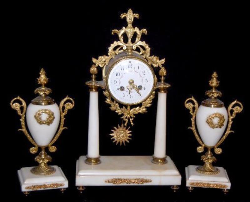 French 3 Piece Marble Clock Garniture Set