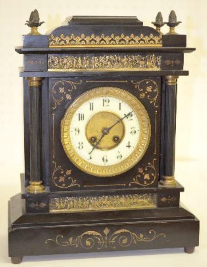 Ornate French Slate & Bronze Mantel Clock