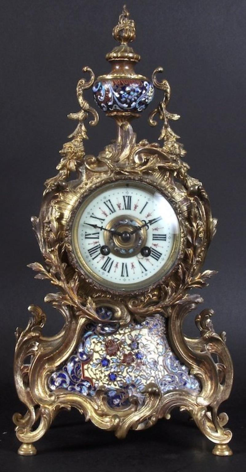 A 19TH CENTURY FRENCH ORMOLU AND CHAMPLEVE ENAMEL CLOCK