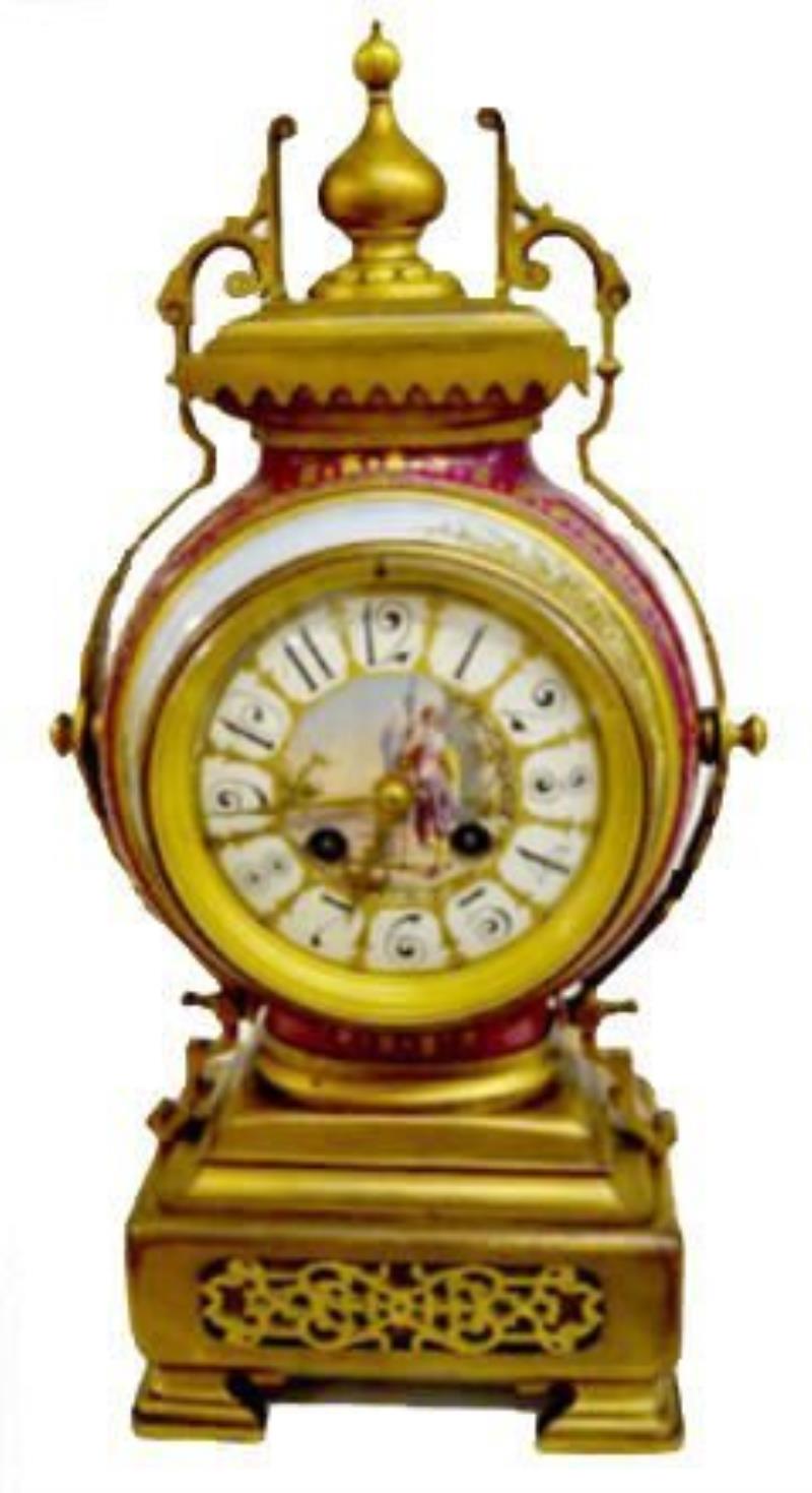 Ornate French Porcelain & Brass Mantel Clock