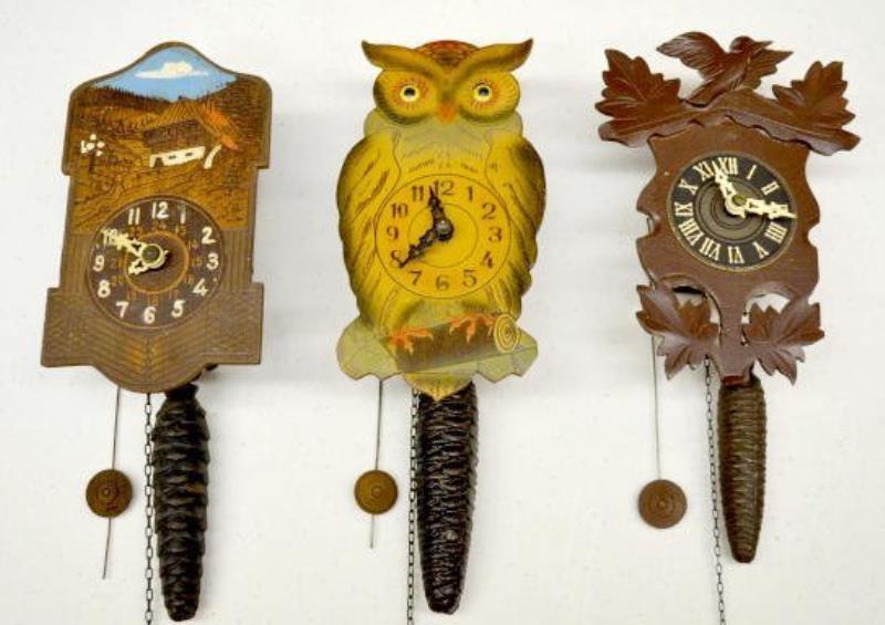 3 German Mini Hanging Clocks, Owl, Chalet +
