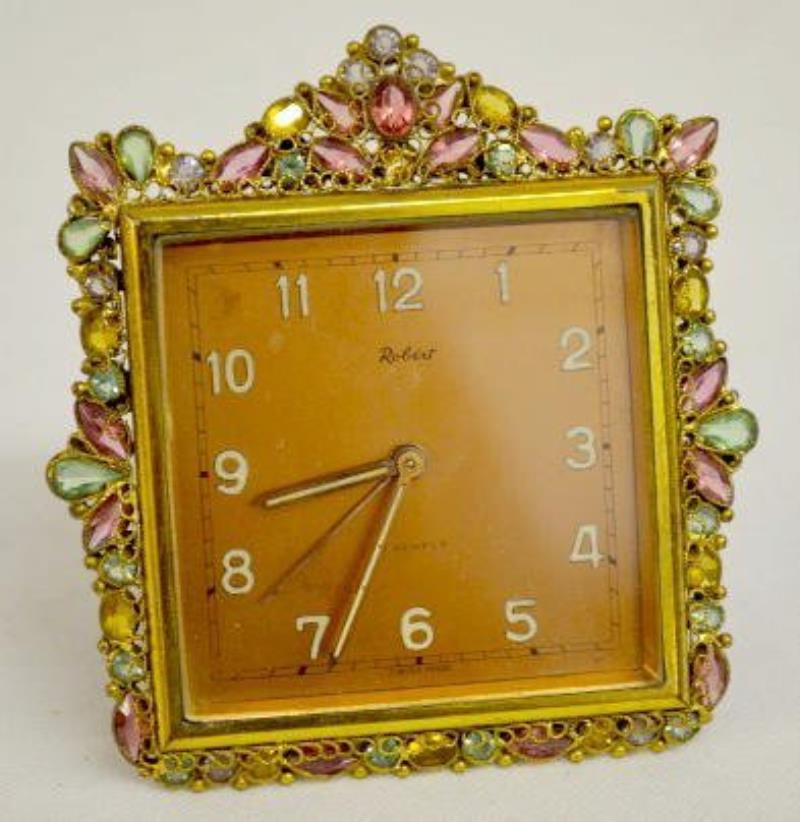 Swiss Jeweled Dresser Clock w/Alarm