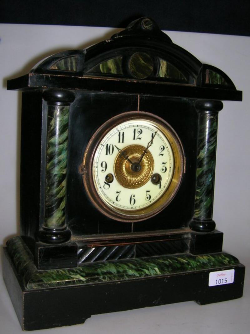 A PAINTED WOOD LATE VICTORIAN MANTEL CLOCK